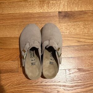 Papillio Taupe Suede Mules with Gold Buckle